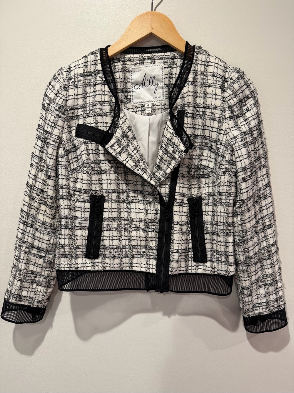 Milly of New York Black and White Tweed Cropped Blazer with Mesh Trim